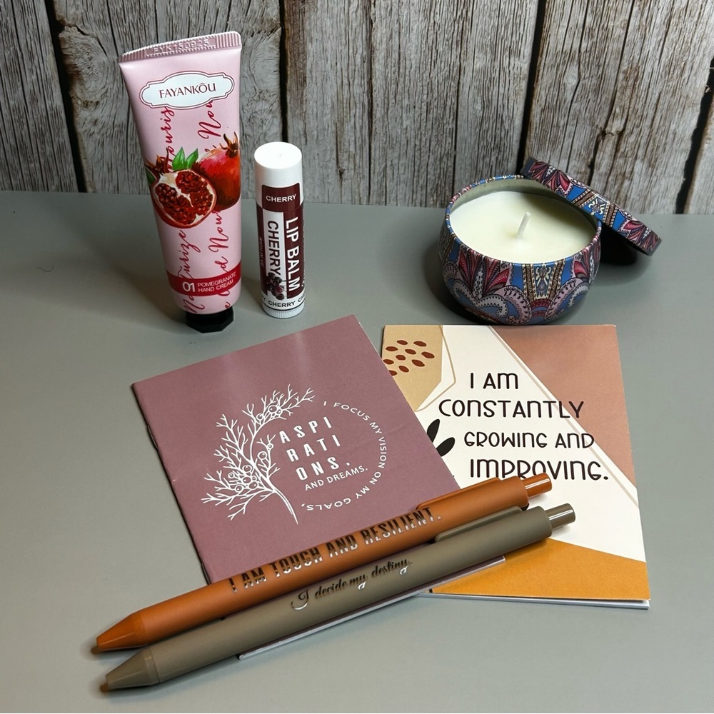 Self Care Kit Notebooks Pens Candle Hand Cream Lip Balm Gift Set